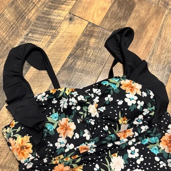 torrid Black Floral One-Piece Swimsuit with Yellow & Teal Blooms - Picture 3 of 11